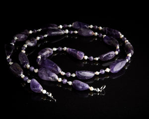 Chevron Amethyst White Pearls Long Necklace
