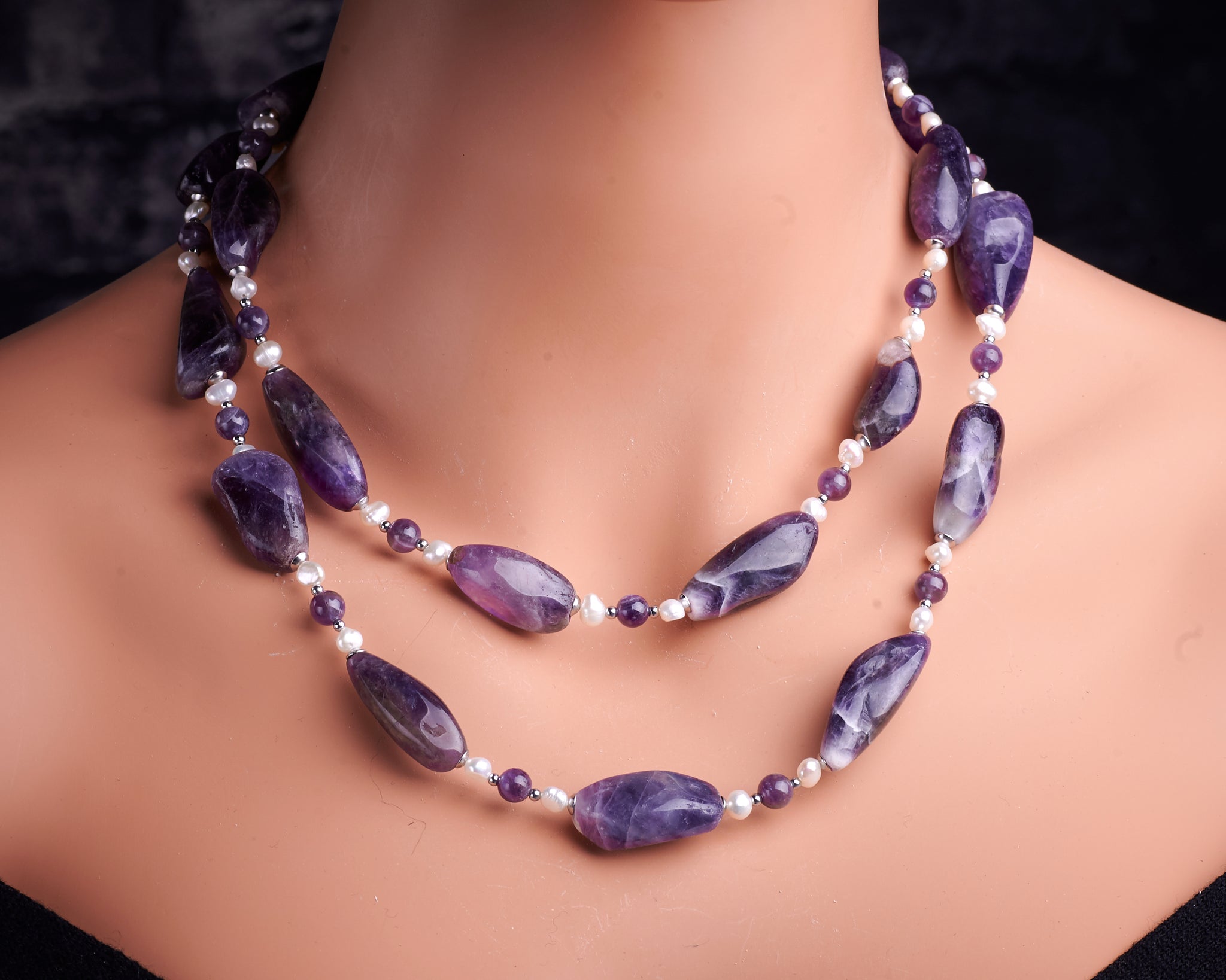 Chevron Amethyst White Pearls Long Necklace