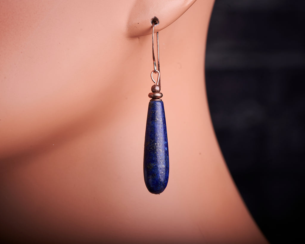 Genuine Lapis Lazuli Teardrop Solid Copper Long Drop Earrings