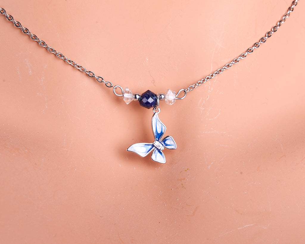 Azurite Herkimer Diamond Butterfly Necklace