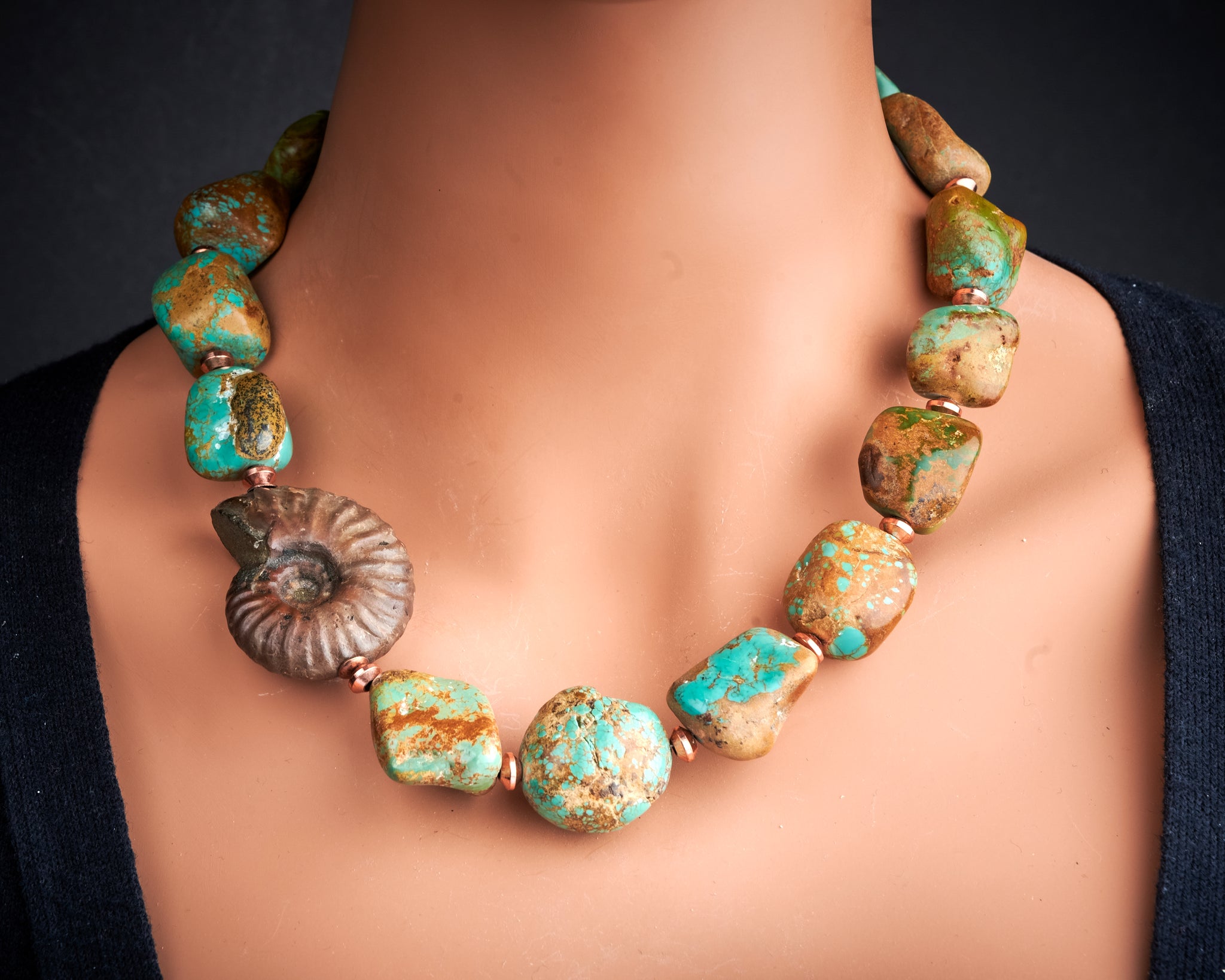 American Turquoise Solid Ammonite Copper Statement Necklace