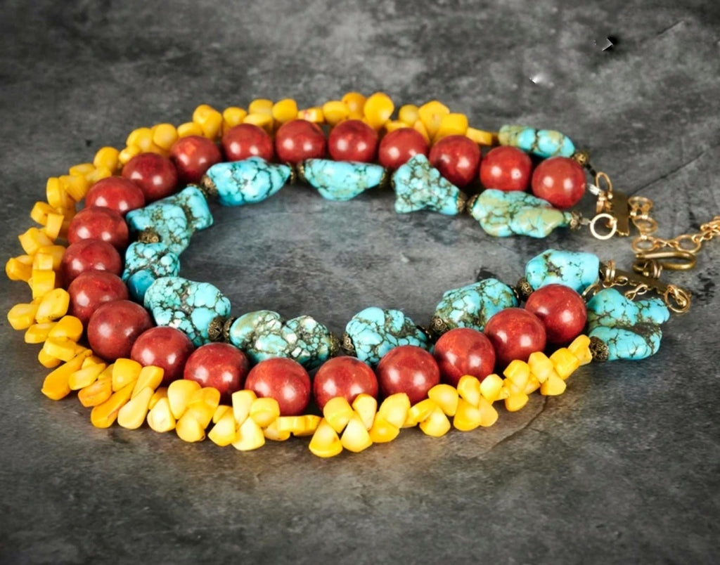 Natural Red yellow coral blue turquoise Multi strand Necklace