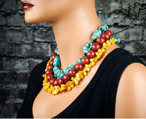 Natural Red yellow coral blue turquoise Multi strand Necklace