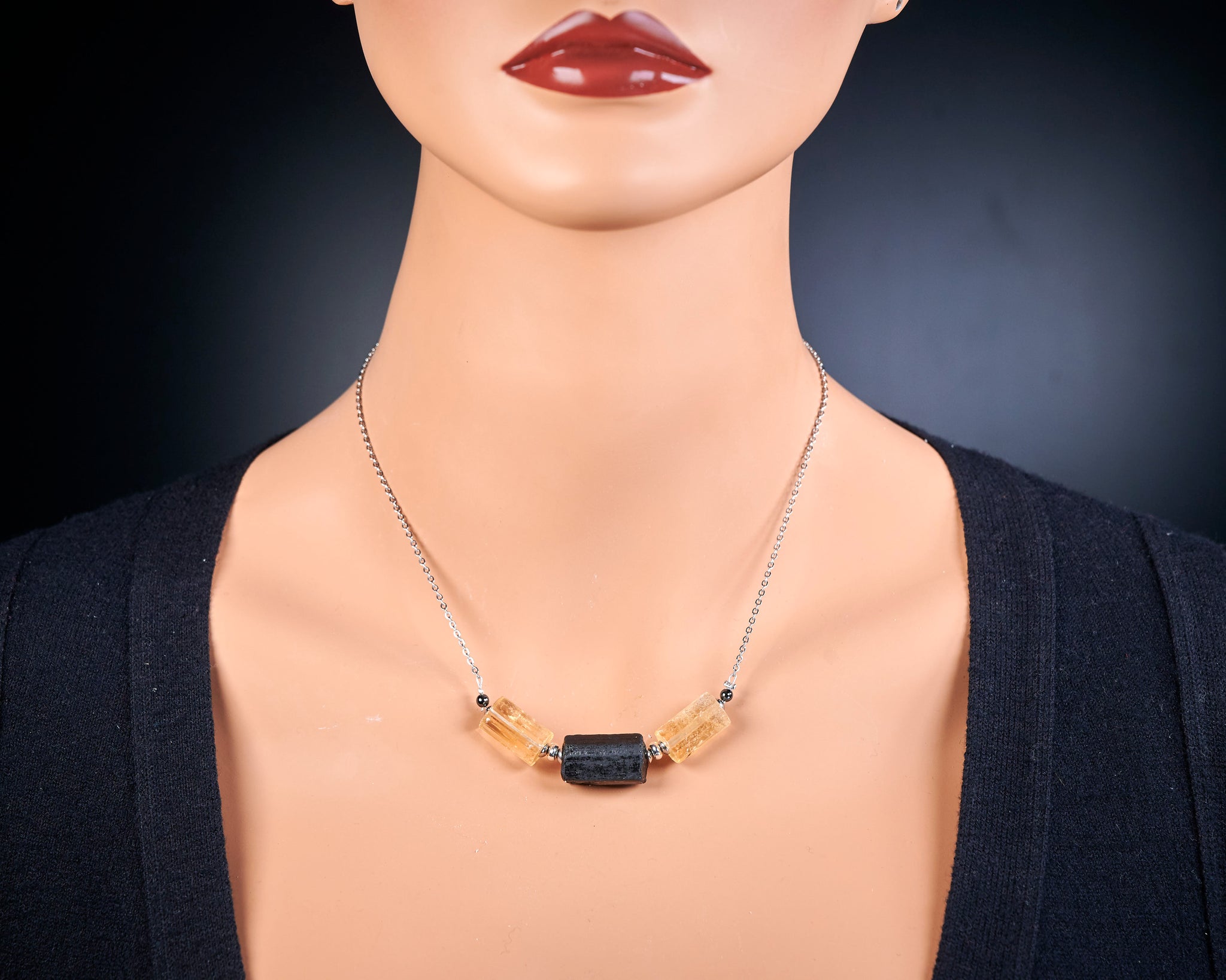 Rough Black Tourmaline Yellow Citrine Necklace