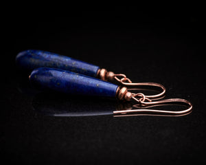 Genuine Lapis Lazuli Teardrop Solid Copper Long Drop Earrings