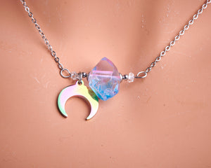 Raw Aura Quartz Crescent Moon Necklace