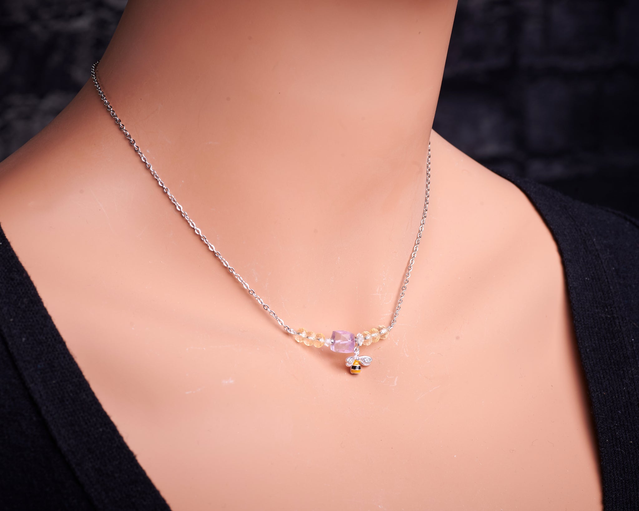 Amethyst Citrine Herkimer Diamond Bee Necklace