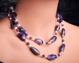 Chevron Amethyst White Pearls Long Necklace