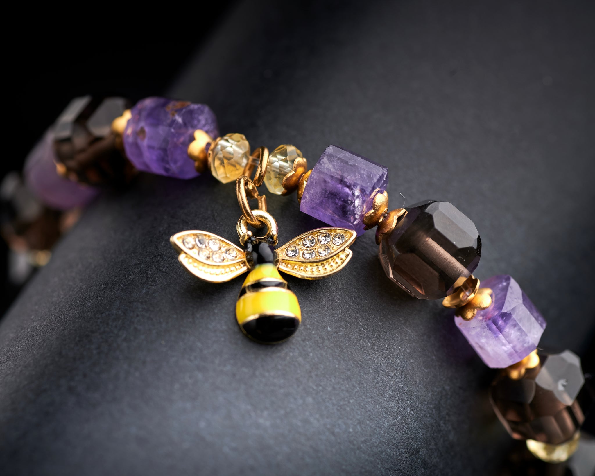 Smokey Quartz Amethyst Citrine Bee Bracelet