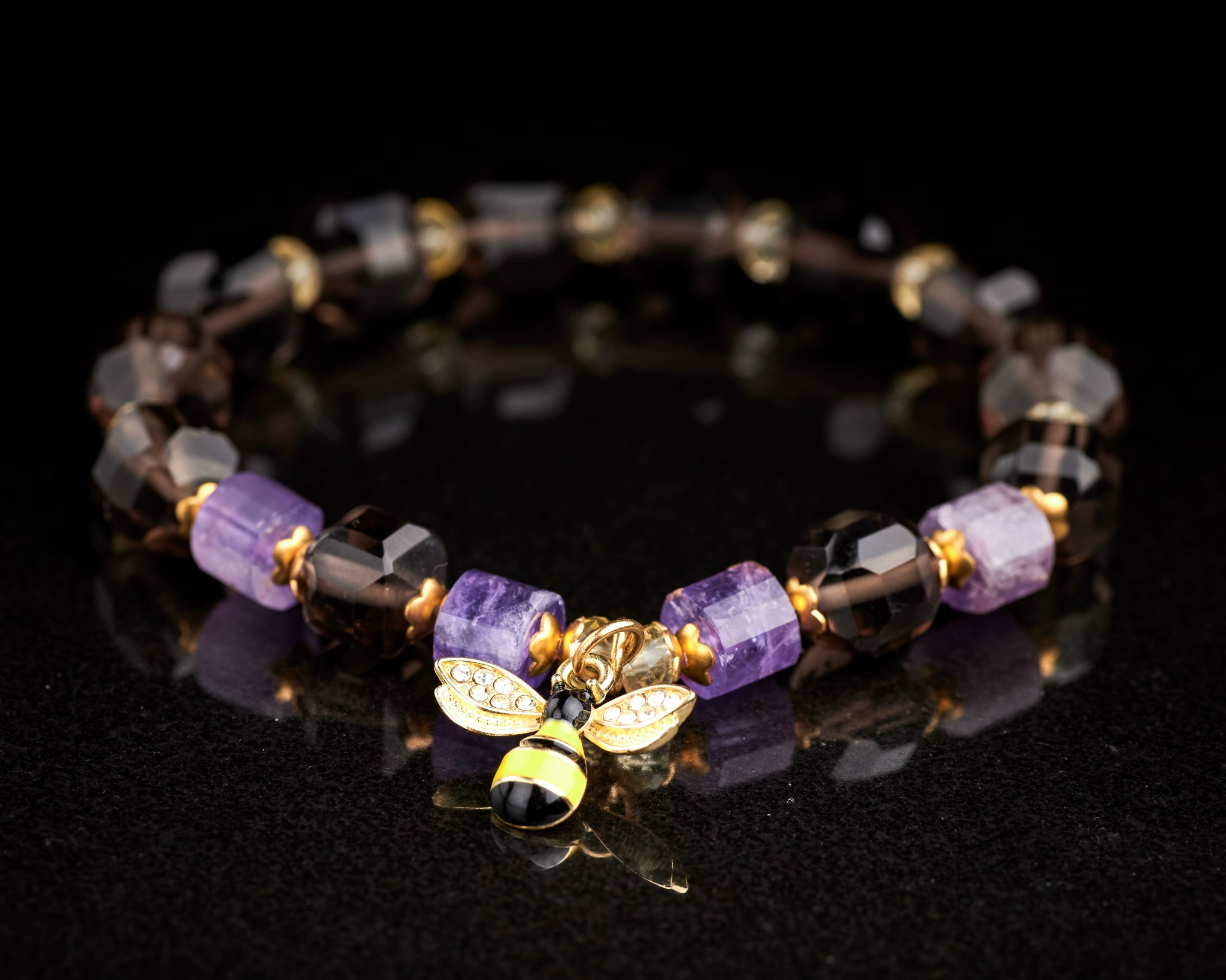 Smokey Quartz Amethyst Citrine Bee Bracelet