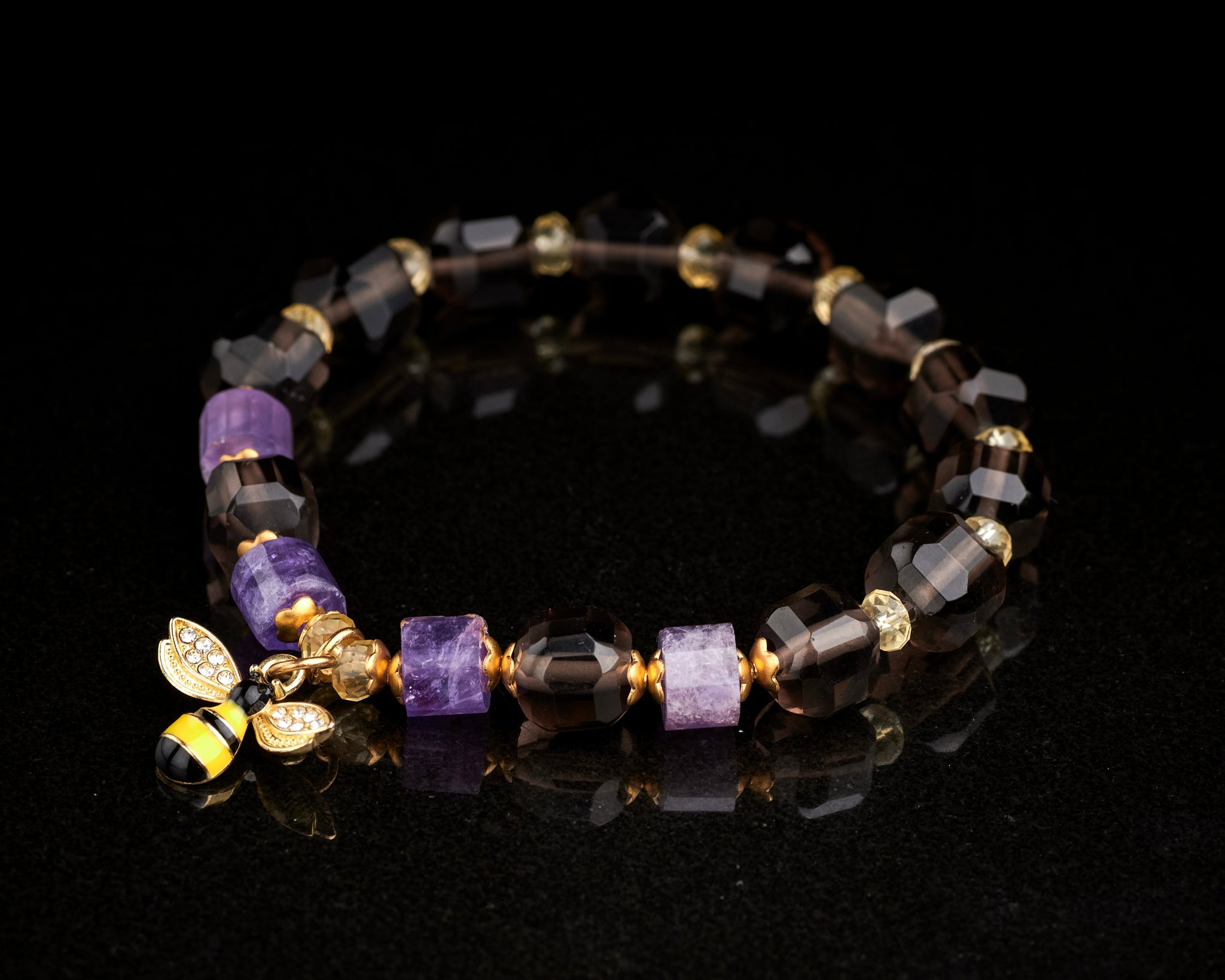 Smokey Quartz Amethyst Citrine Bee Bracelet