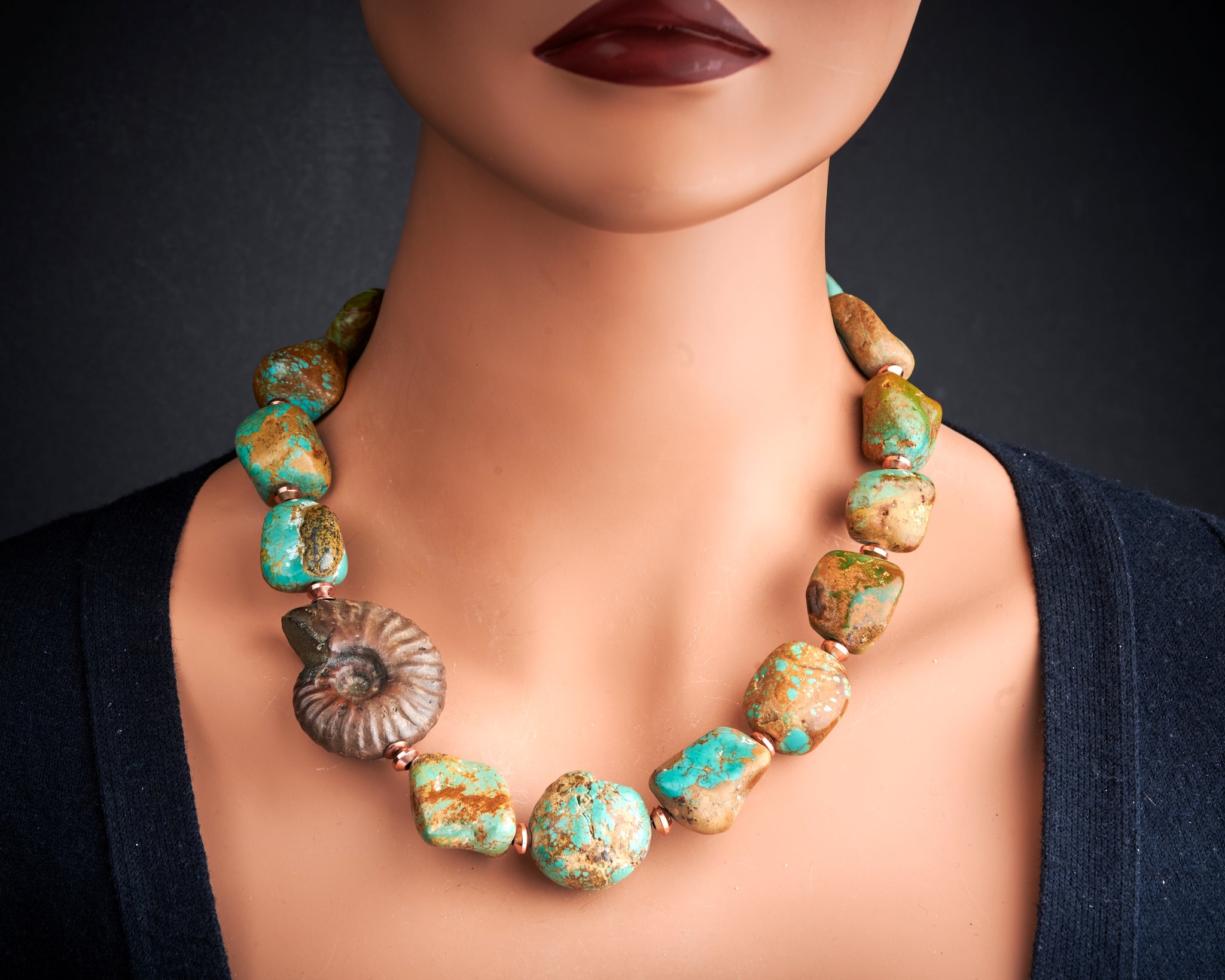 American Turquoise Solid Ammonite Copper Statement Necklace