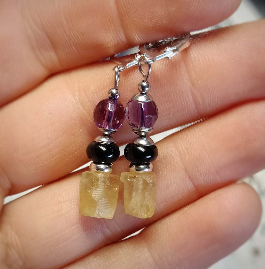 Genuine Citrine black tourmaline amethyst sterling silver earrings