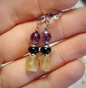 Genuine Citrine black tourmaline amethyst sterling silver earrings